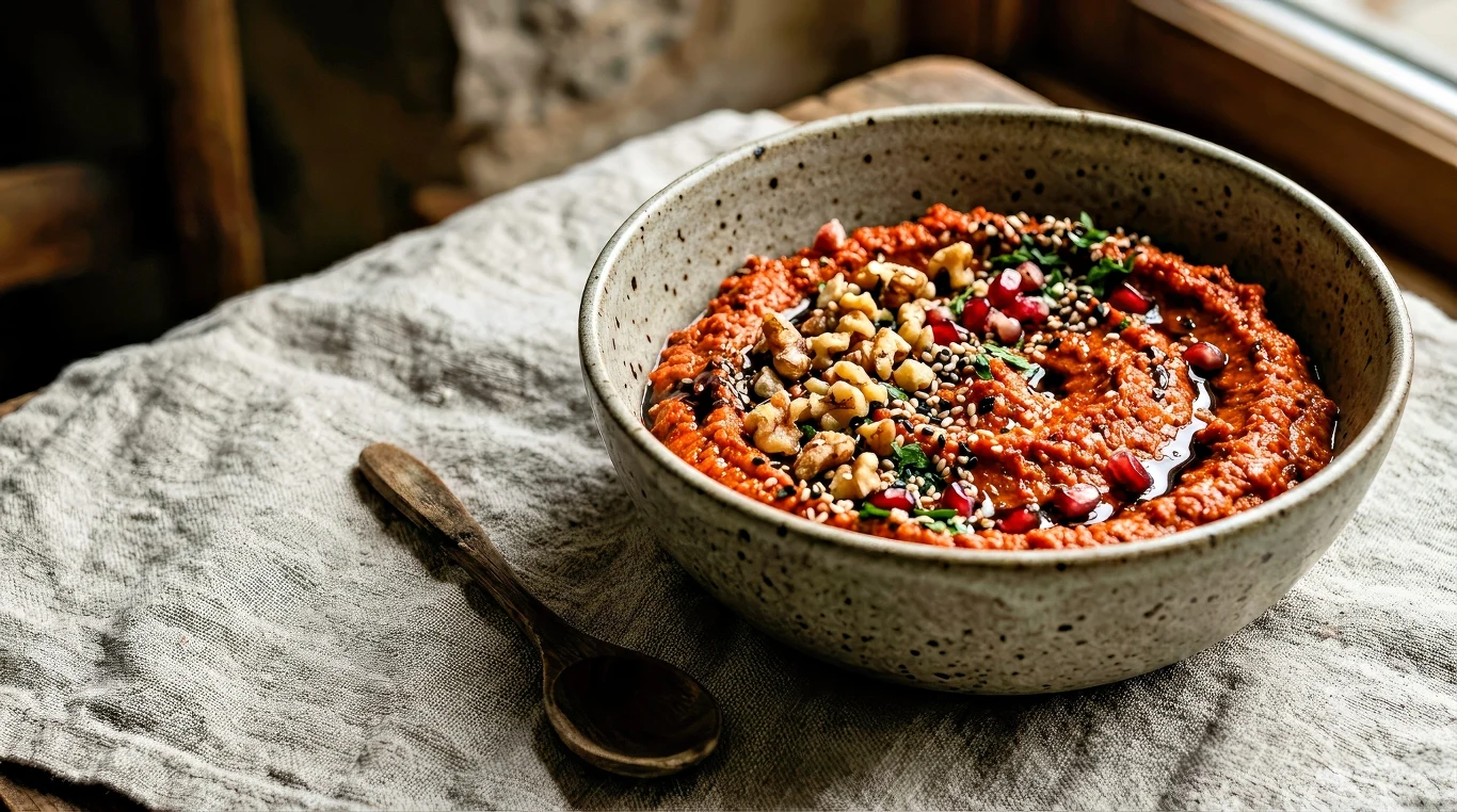 Muhammara to pasta z pieczonej papryki i orzechów włoskich Miseczka pasty muhammara z pieczonej papryki i orzechów, dekorowana granatem, ziołami i orzechami na serwetce.