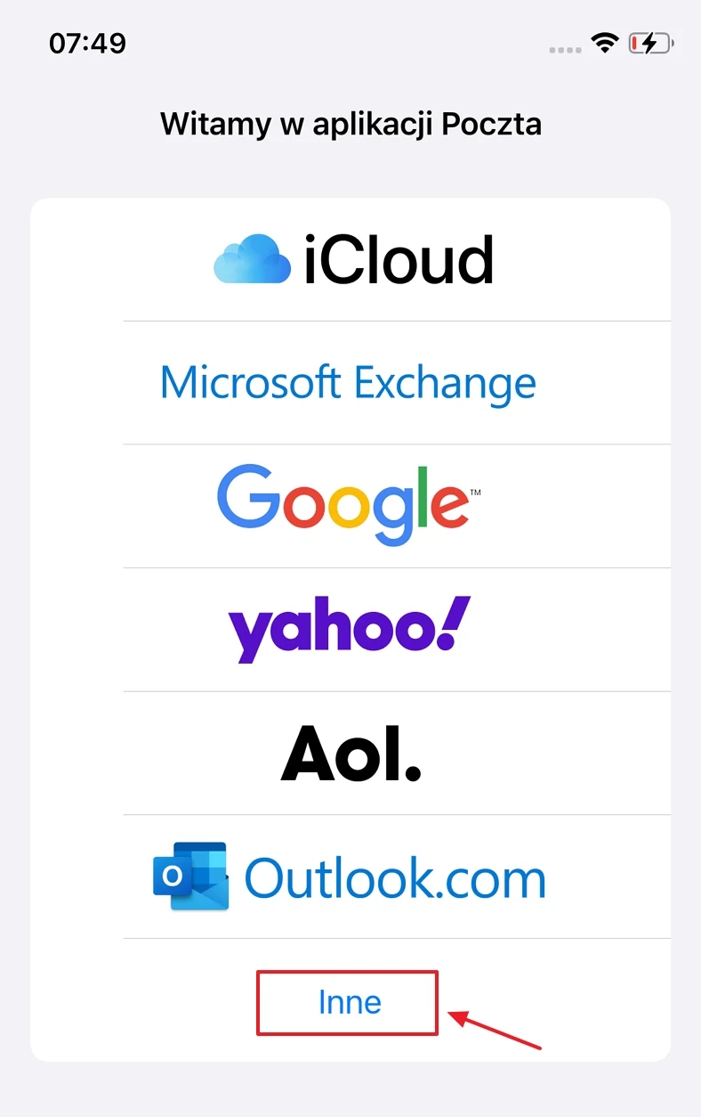 Lista najpopularniejszych dostawców usług poczty e-mail z widocznymi przyciskami wyboru, w tym opcją dodania innego konta.