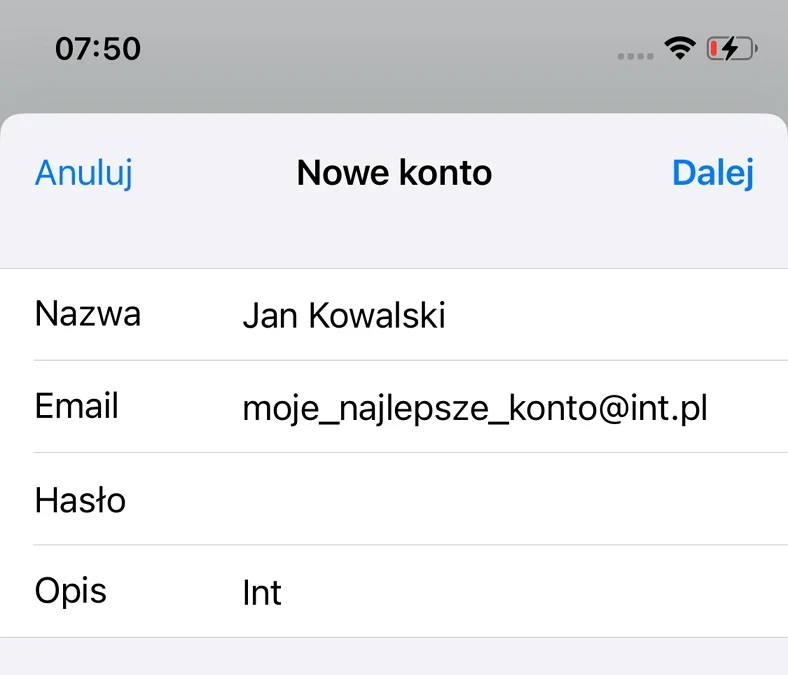 Tworzenie nowego konta z podanymi danymi: imię i nazwisko Jan Kowalski, adres email moje_najlepsze_konto@int.pl oraz opis Int.