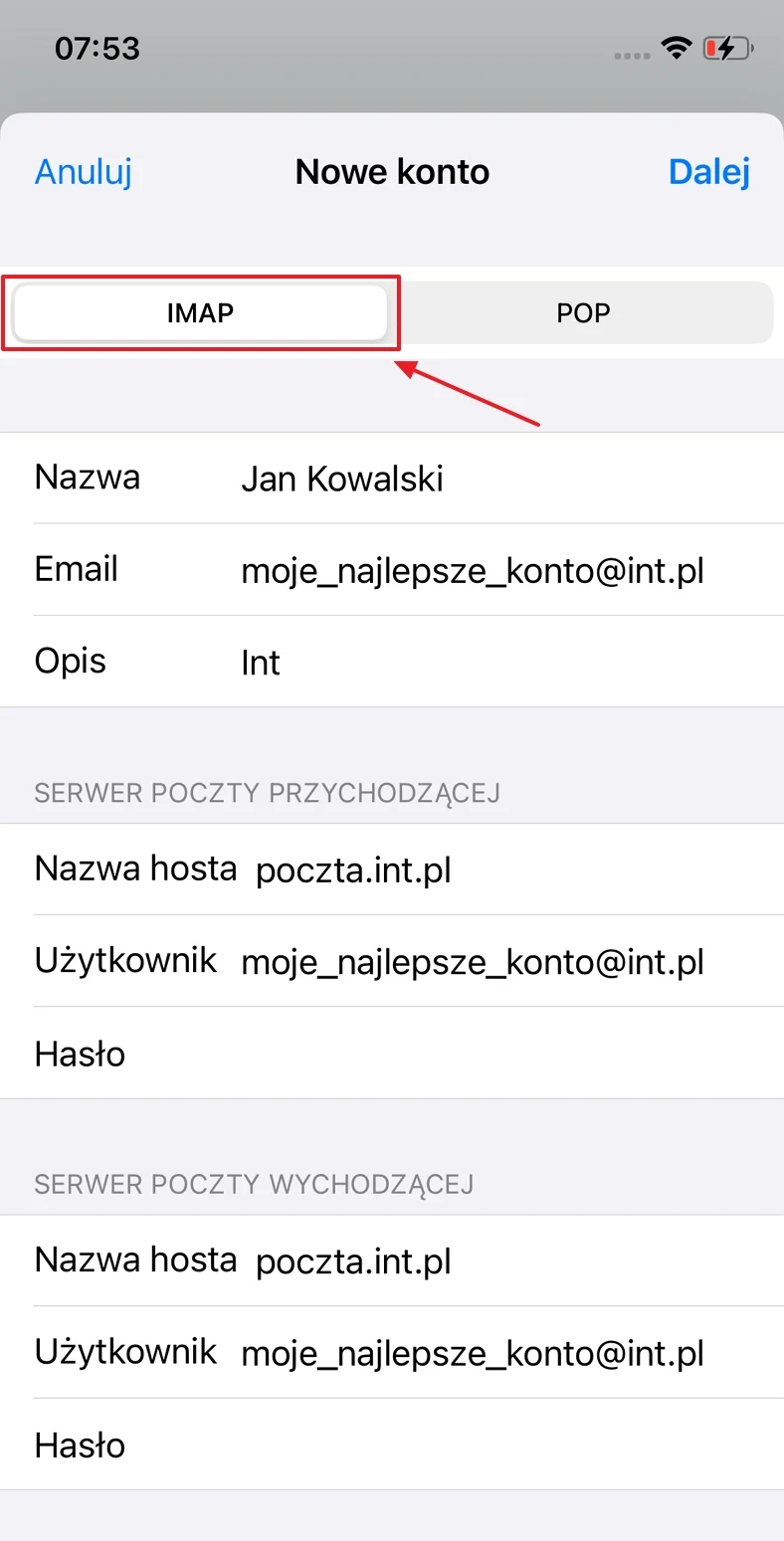 Formularz tworzenia nowego konta e-mail z wypełnionymi polami nazwa, adres e-mail, opis oraz danymi serwera poczty przychodzącej i wychodzącej dla protokołu IMAP.
