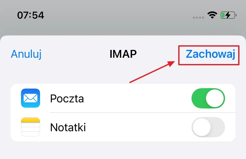 Interfejs ustawień poczty e-mail na telefonie z włączoną synchronizacją poczty i wyłączoną synchronizacją notatek, z zaznaczonym przyciskiem Zachowaj.