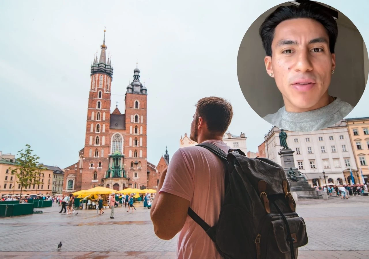 Jonathan podzielił się ciekawym spostrzeżeniem dot. Polski i Polaków Mężczyzna z plecakiem na Rynku Głównym w Krakowie, patrzy na Bazylikę Mariacką; portret innego mężczyzny w narożniku.