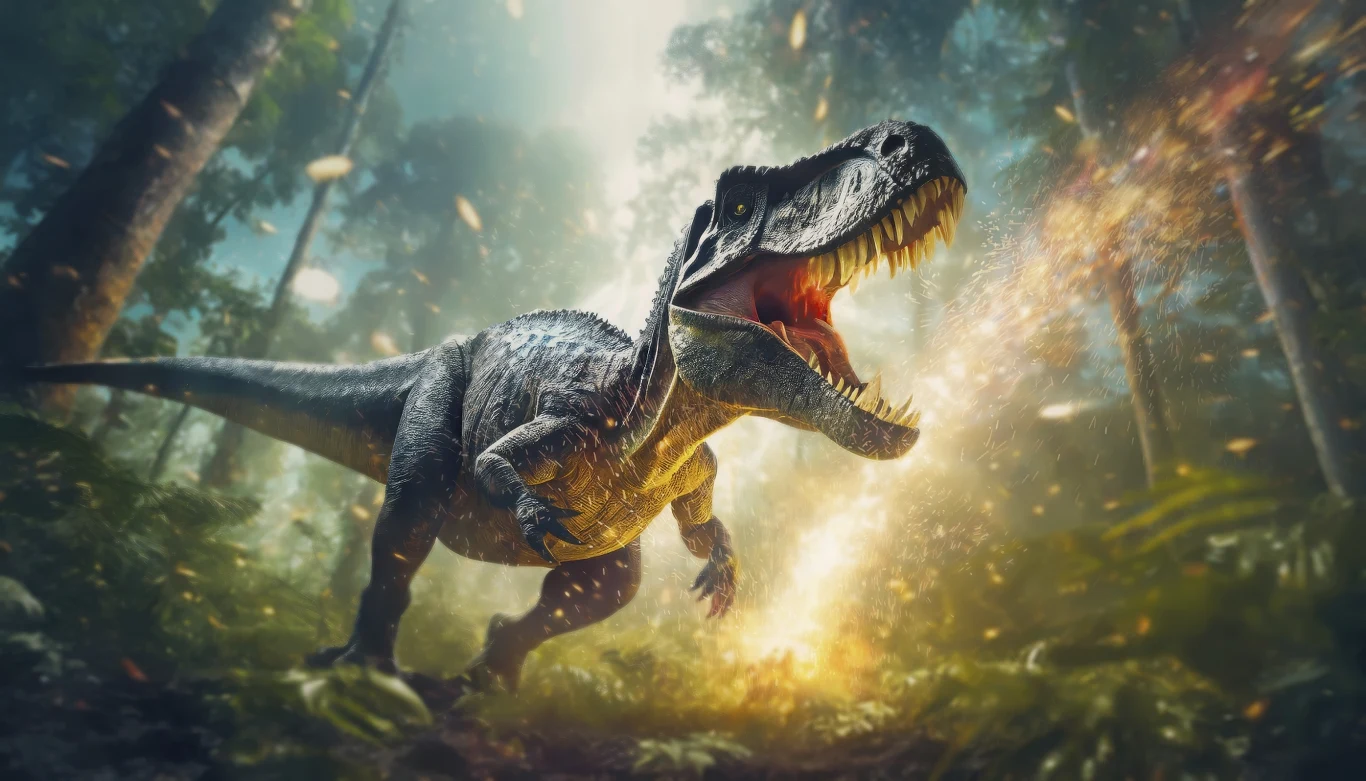 Potężny dinozaur z szeroko otwartą paszczą i ostrymi zębami pośród gęstego, zielonego lasu, w dynamicznym ruchu i otoczeniu świetlistych cząstek unoszących się w powietrzu.