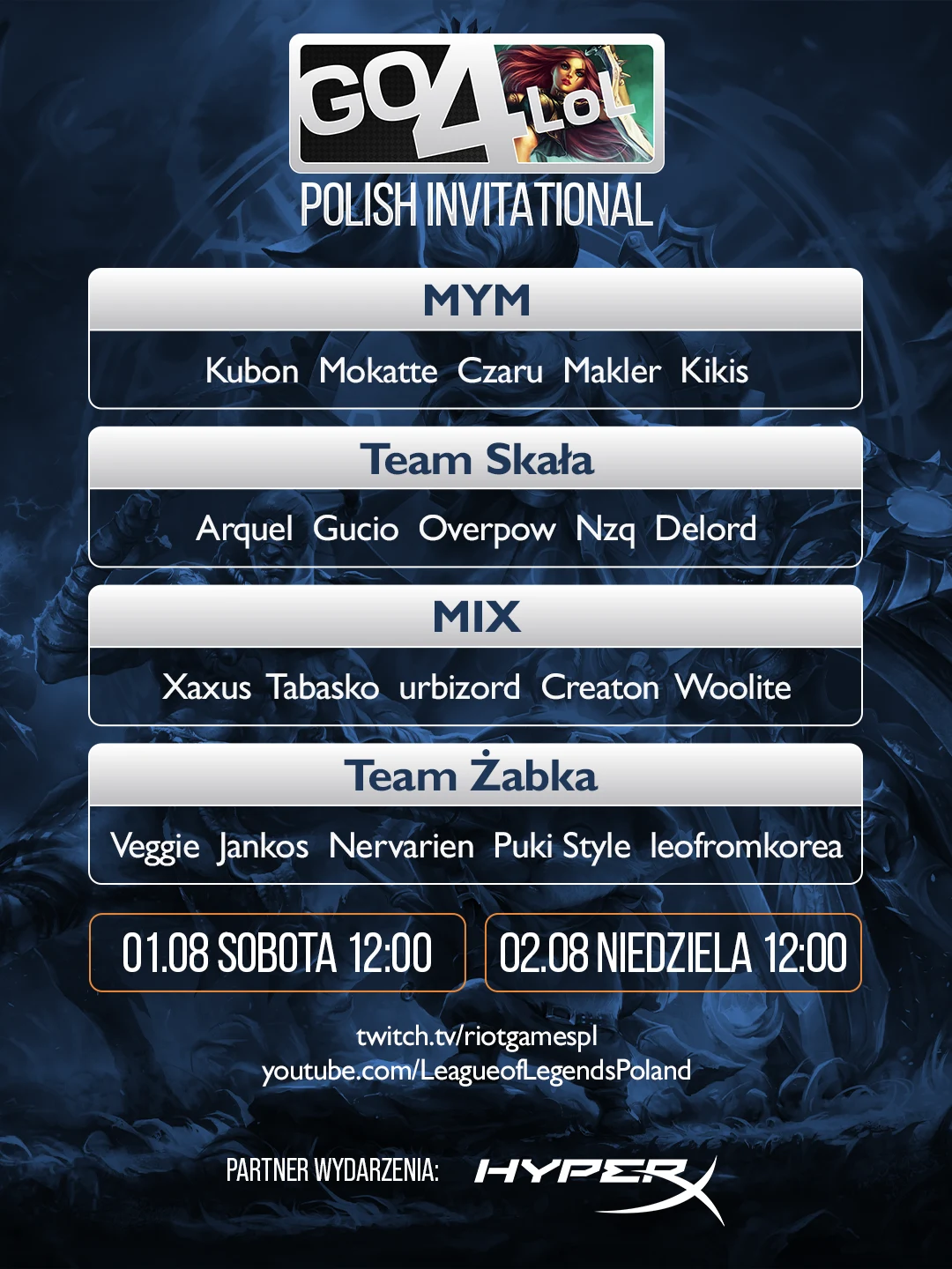 Plakat turnieju Go4LoL Polish Invitational prezentujący listę drużyn: MYM, Team Skała, MIX oraz Team Żabka wraz ze składami zawodników oraz datami rozgrywek zaplanowanymi na 1 i 2 sierpnia o godzinie 12:00, z logotypem partnera HyperX oraz informacjami...