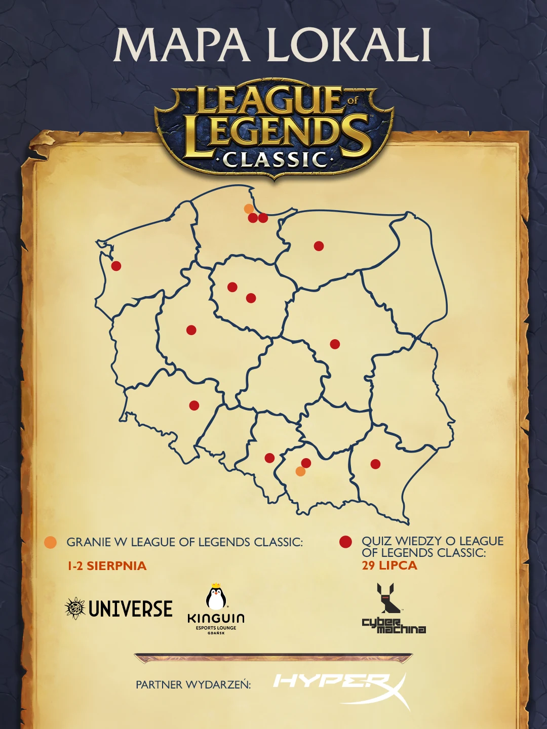 Mapa Polski z zaznaczonymi lokalizacjami klubów partnerskich biorących udział w wydarzeniach League of Legends Classic, wraz z datami rozgrywek i quizu, logotypami partnerów oraz wyjaśnieniem oznaczeń na mapie.