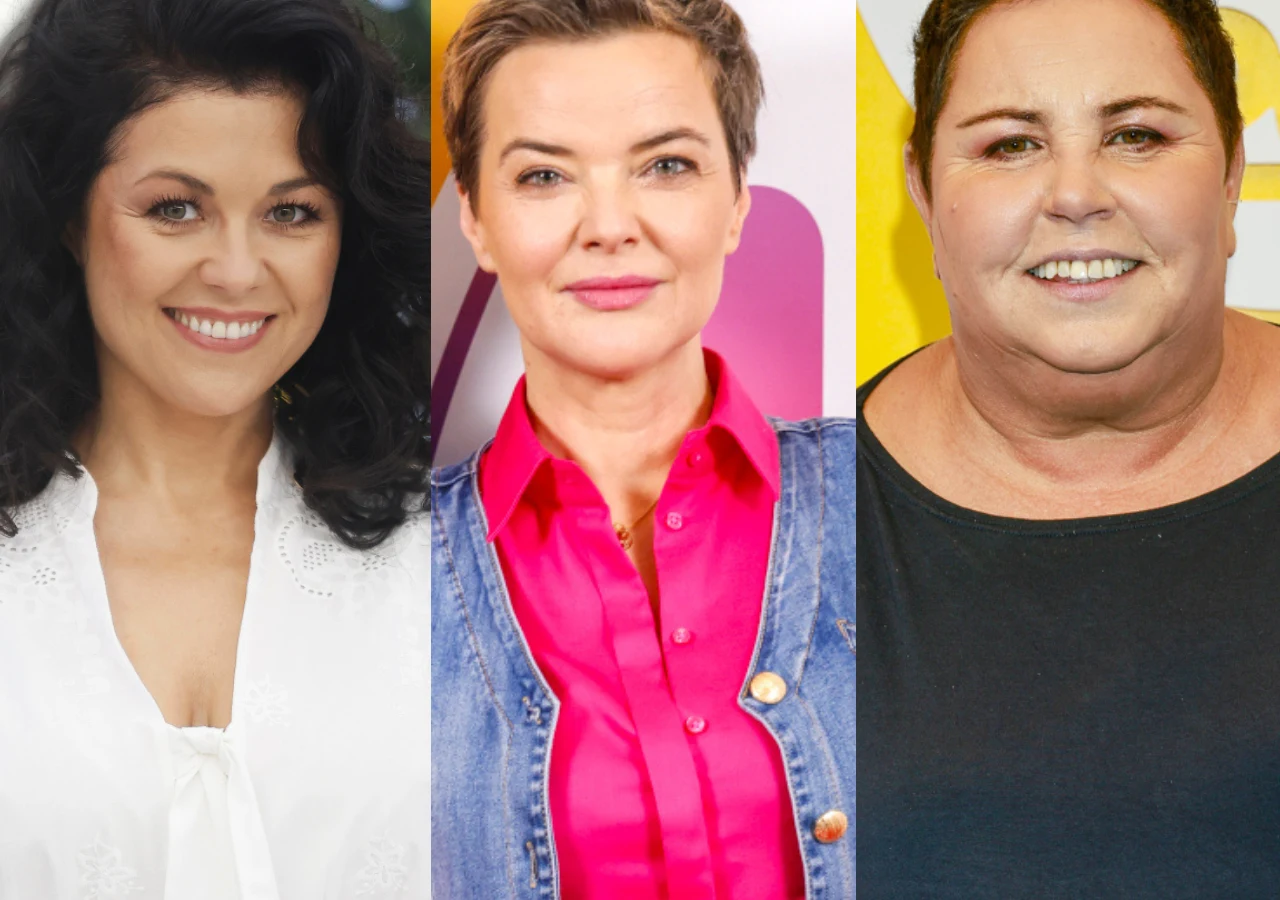 Katarzyna Cichopek, Monika Richardson, Dorota Wellman Katarzyna Cichopek, Monika Richardson i Dorota Wellman ustawione w szeregu na tle żółtej ściany, patrzące w obiektyw.