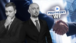 Dwóch mężczyzn w garniturach na pierwszym planie, w tle uścisk dłoni oraz logo z napisem 'Polityczny WF'.