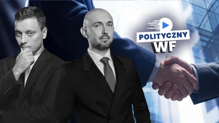 Dwóch mężczyzn w garniturach na pierwszym planie, w tle uścisk dłoni oraz logo z napisem 'Polityczny WF'.