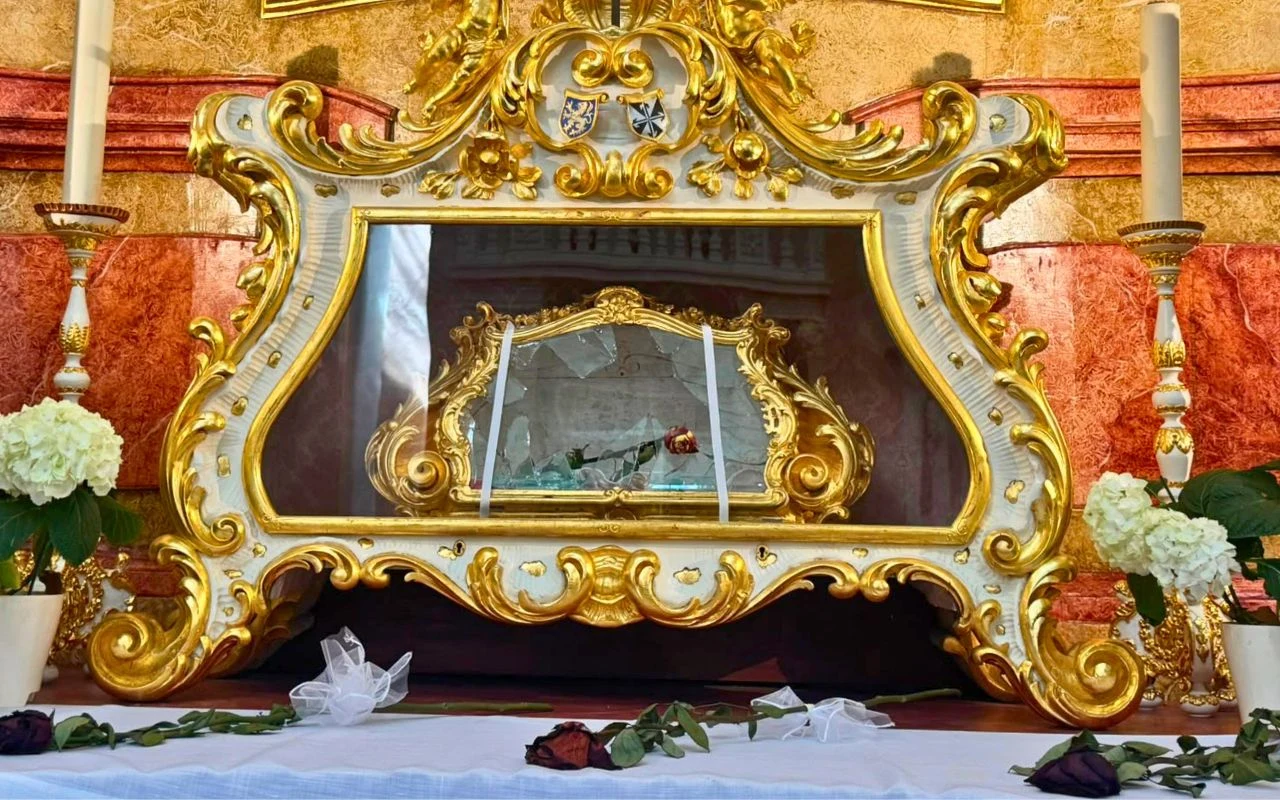 Zdobiona relikwiarka w barokowym stylu, ozdobiona złotymi ornamentami, wewnątrz której umieszczono fragment starego pergaminu i pojedynczą różę, otoczona świecami i białymi kwiatami.