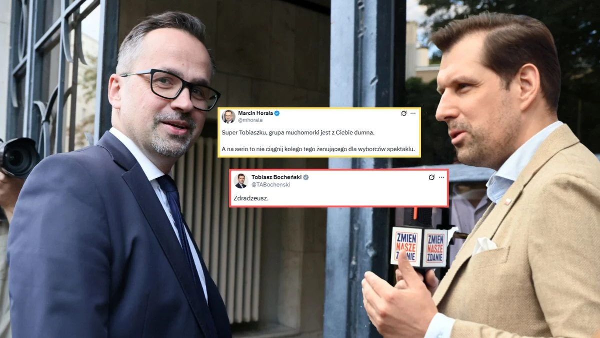 Horała reaguje na wpis Bocheńskiego Marcin Horała i Tobiasz Bocheński. W tle widoczne wpisy obu polityków na platformie X