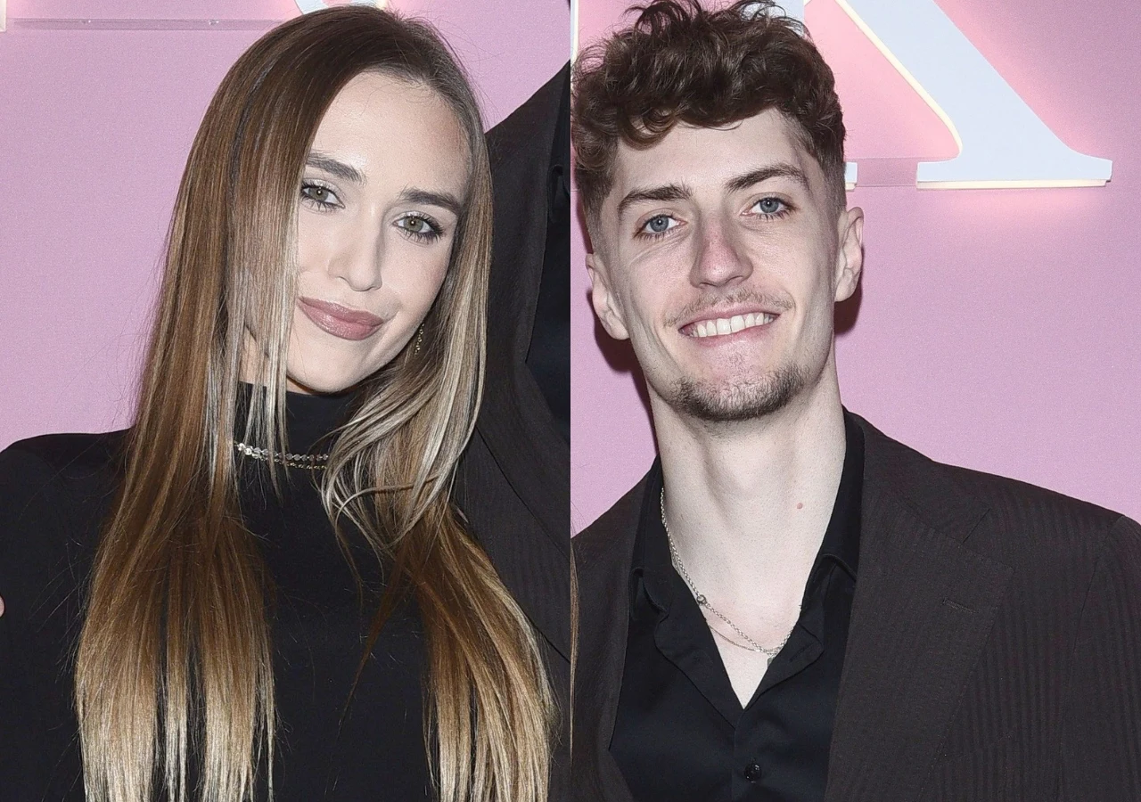 Daria Syta i Igor Grobelny Tancerka Daria Syta i jej mąż, siatkarz Igor Grobelny. Pozują z uśmiechem do zdjęcia na różowym tle.
