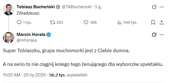 Marcin Horała odpowiedział na wpis Tobiasza Bocheńskiego Publiczna wymiana zdań pomiędzy Tobiaszem Bocheńskim a Marcinem Horałą na platformie X