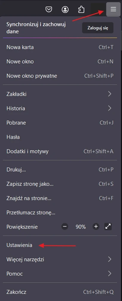 Rozwinięte menu przeglądarki z zaznaczonymi opcjami synchronizacji, zalogowania się, powiększenia oraz ustawień.