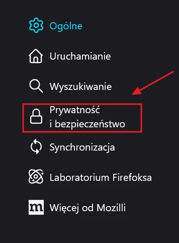 Menu ustawień przeglądarki Firefox z wyróżnioną sekcją Prywatność i bezpieczeństwo oraz ikoną kłódki.