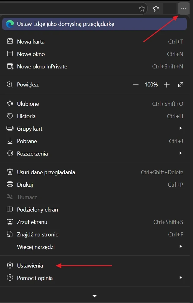 Menu przeglądarki Microsoft Edge z zaznaczoną opcją ustawienia jako domyślnej przeglądarki oraz wyróżnionymi przyciskami Ustawienia i Pomoc i opinia.