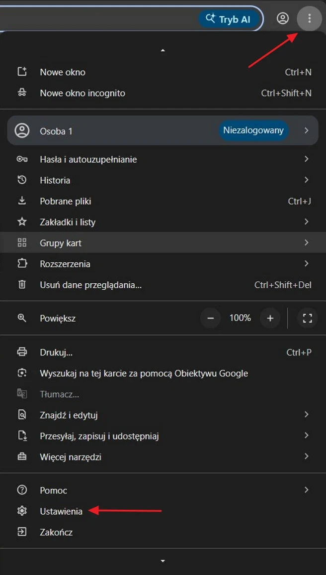 Menu przeglądarki internetowej z widocznymi opcjami, takimi jak otwieranie nowego okna, tryb incognito, zarządzanie zakładkami, pobranymi plikami i ustawieniami, a także wskazaniem przycisku ustawień oraz trzech kropek służących do rozwoju menu.