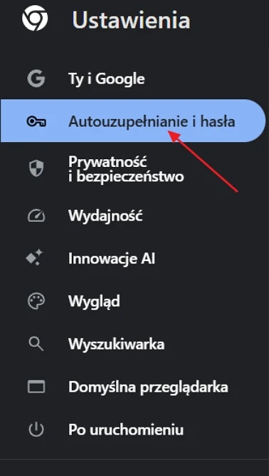 Menu ustawień przeglądarki z wyróżnioną na niebiesko opcją 'Autouzupełnianie i hasła' oraz widocznymi ikonami obok nazw poszczególnych kategorii.