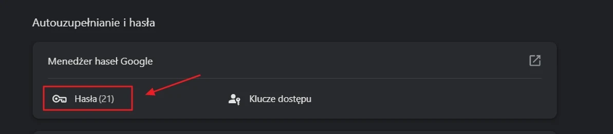 Panel zarządzania hasłami Google z podświetloną sekcją haseł i zaznaczoną liczbą zapisanych haseł wynoszącą 21.