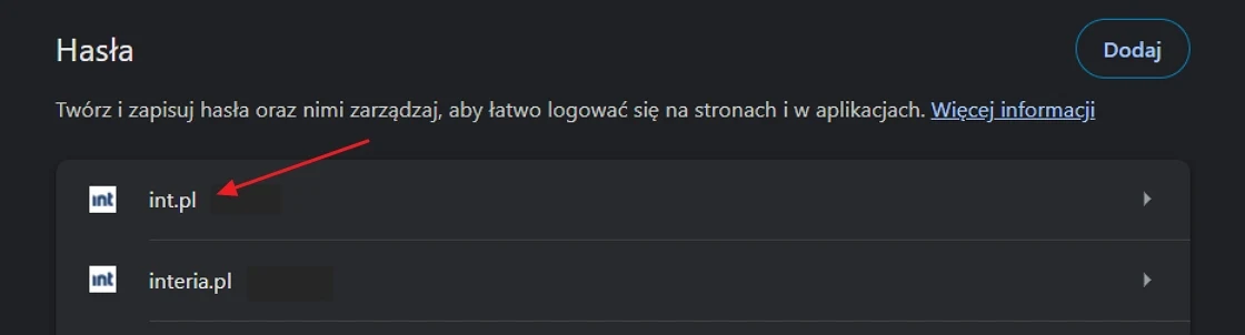 Lista zapisanych haseł do stron internetowych z wyróżnioną pozycją int.pl i ikonami serwisów po lewej stronie.