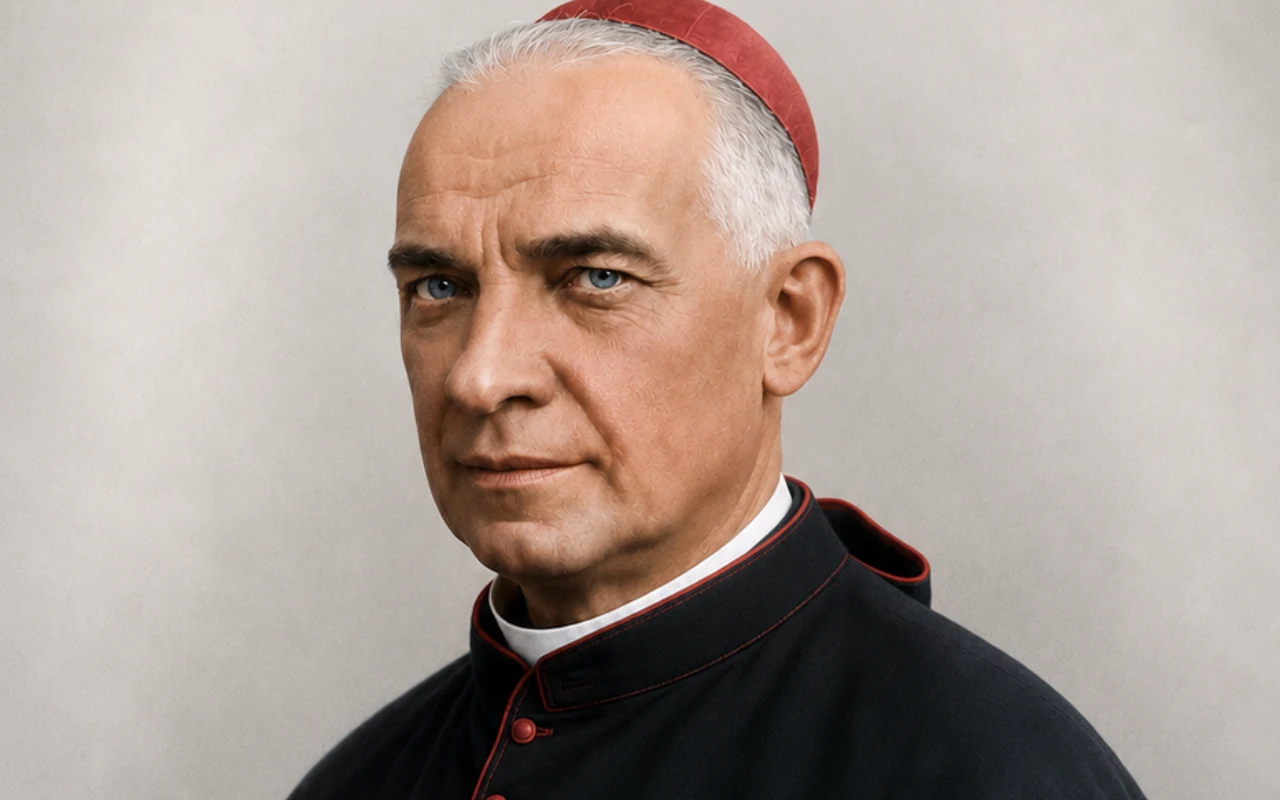 Jan Puzyna Jan Puzyna, z czerwoną piuską na głowie, patrzący poważnie w stronę obiektywu, na jasnym tle. Zdjęcie koloryzowane.