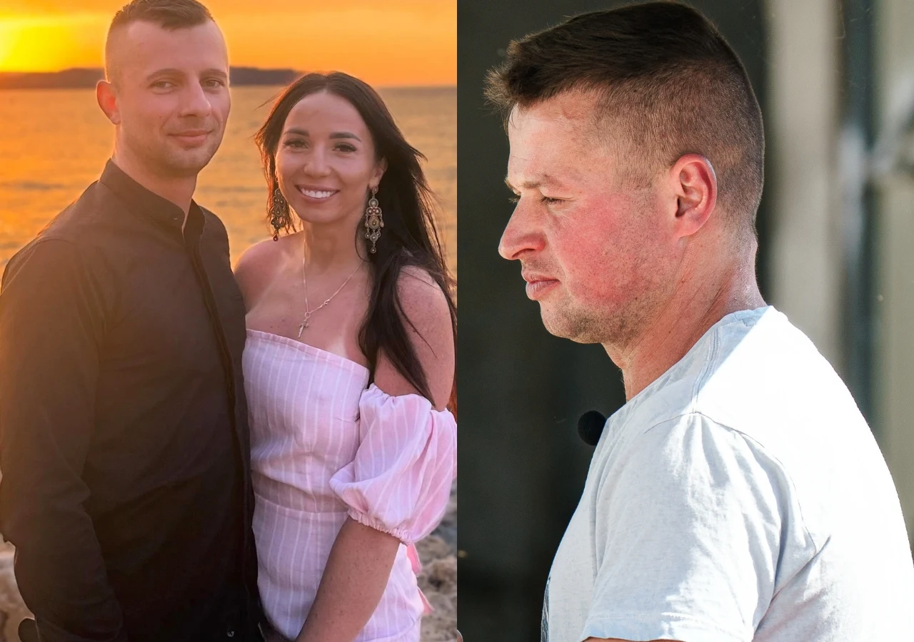 Agnieszka z nowym partnerem i Krzysztof z "Rolnik szuka żony" Mężczyzna i kobieta stoją razem na tle zachodzącego słońca nad wodą, obok osobny portret mężczyzny w białej koszulce patrzącego w bok.