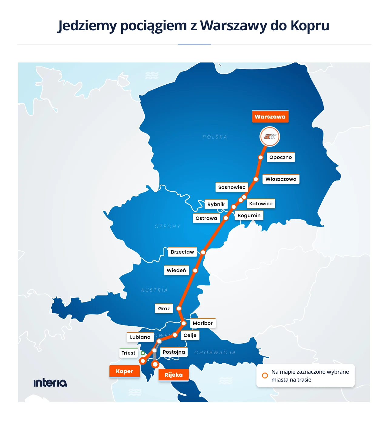 Pociąg z Polski kończy bieg w Koprze, skąd blisko jest już do Triestu Mapa połączenia kolejowego z Warszawy do Kopru z zaznaczoną trasą podróży oraz wybranymi miastami po drodze, takimi jak Opoczno, Katowice, Ostrawa, Wiedeń, Lublana i Rijeka.
