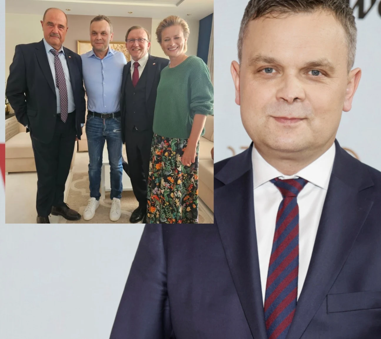 Tomasz Sygut z TVP pokazał zdjęcie z aktorami "Rancza"/Instagram:@tomasz.sygut Czterech elegancko ubranych dorosłych pozuje razem w jasnym wnętrzu, na pierwszym planie powiększony portret mężczyzny w garniturze i krawacie w czerwono-niebieskie pasy.