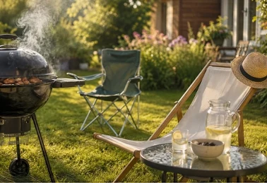 Plastikowe krzesła ogrodowe, stół ze szklanym blatem i grill węglowy na tarasie pod koniec lata