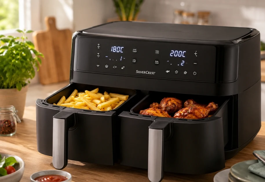Air fryer SilverCrest z gazetki Lidl 03–08.08.2026 Frytkownica beztłuszczowa z dwiema komorami na blacie w domowej kuchni — sprzęt z oferty Lidla