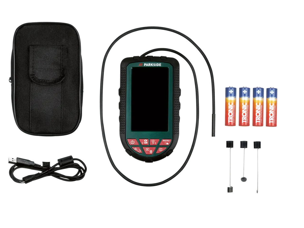 Elektroniczny endoskop z kolorowym wyświetlaczem LCD, elastycznym przewodem inspekcyjnym, czterema bateriami, pokrowcem, kablem USB oraz dwoma metalowymi końcówkami akcesoryjnymi.