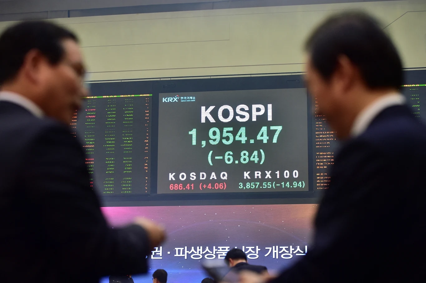 Giełda w Seulu. Zdjęcie archiwalne Elektroniczna tablica z notowaniami indeksów KOSPI, KOSDAQ i KRX100, na pierwszym planie dwaj mężczyźni.