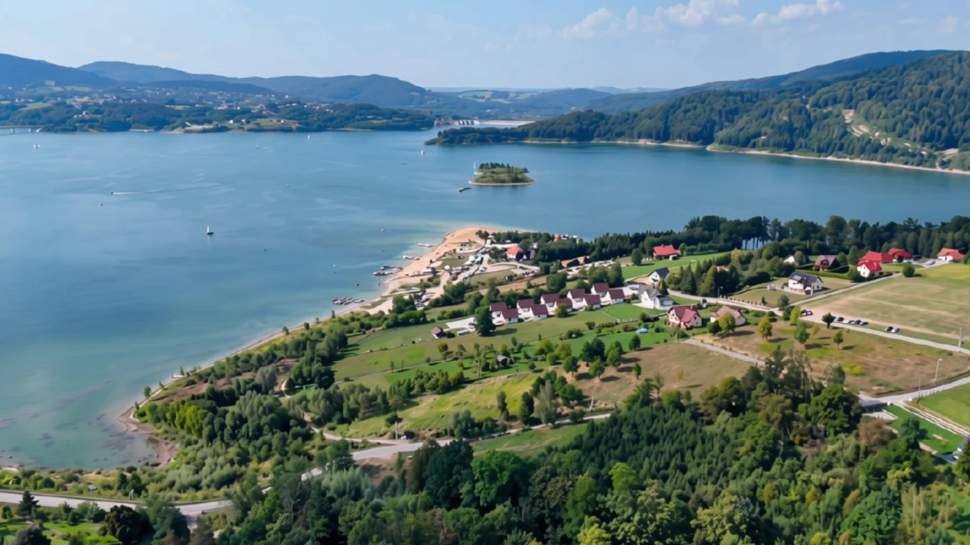 Co robić nad jeziorem Mucharskim? Malowniczy brzeg jeziora z zatoką, osiedlem domków jednorodzinnych oraz wyspą na wodzie, otoczony zalesionymi wzgórzami.