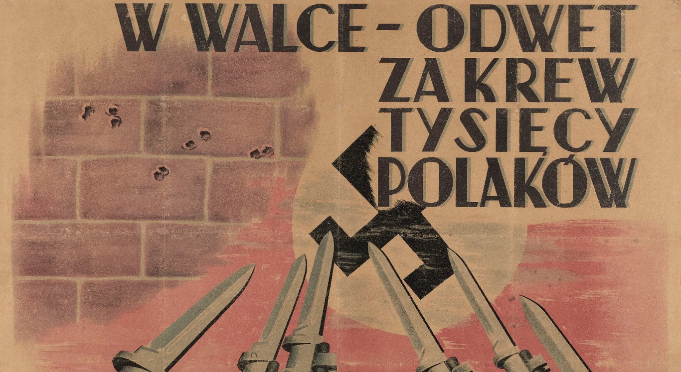 Cztery bagnety wymierzone w stronę czarnej swastyki na czerwonym tle, ślady po kulach na murze oraz hasło nawołujące do odwetu za krew tysięcy Polaków.