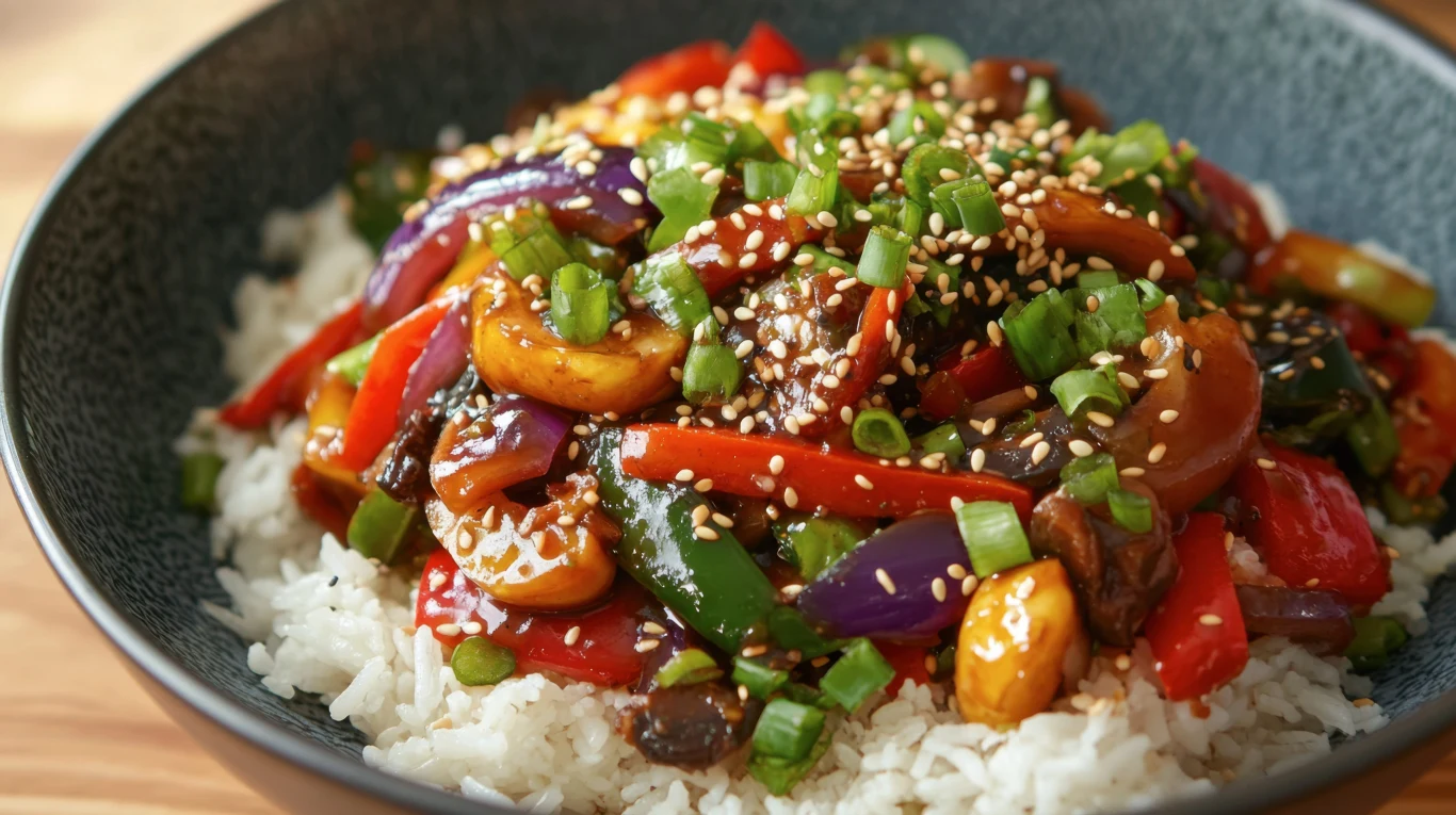 Warzywny stir fry to sycące danie dla osób lubiących kuchnię azjatycką Warzywny stir fry z papryką, cukinią, marchewką i cebulą podany na ryżu, posypany sezamem i szczypiorkiem.