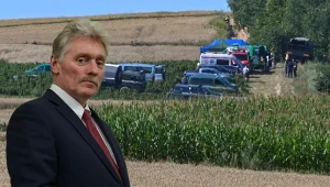 Rzecznik Kremla Dmitrij Pieskow. W tle miejsce upadku rakiety na Lubelszczyźnie
