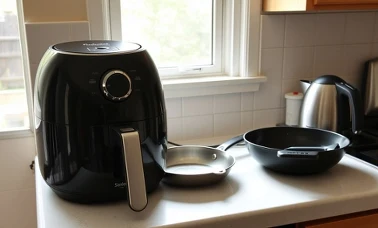 Frytkownica beztłuszczowa, patelnia i czajnik na blacie w domowej kuchni — sprzęt z oferty Aldi