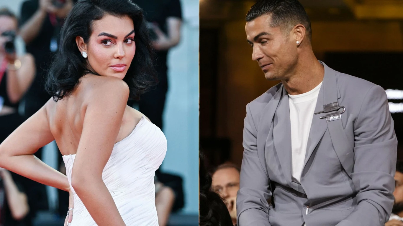 Georgina Rodriguez i Cristiano Ronaldo Georgina Rodriguez w białej sukni i Cristiano Ronaldo w jasnym garniturze.