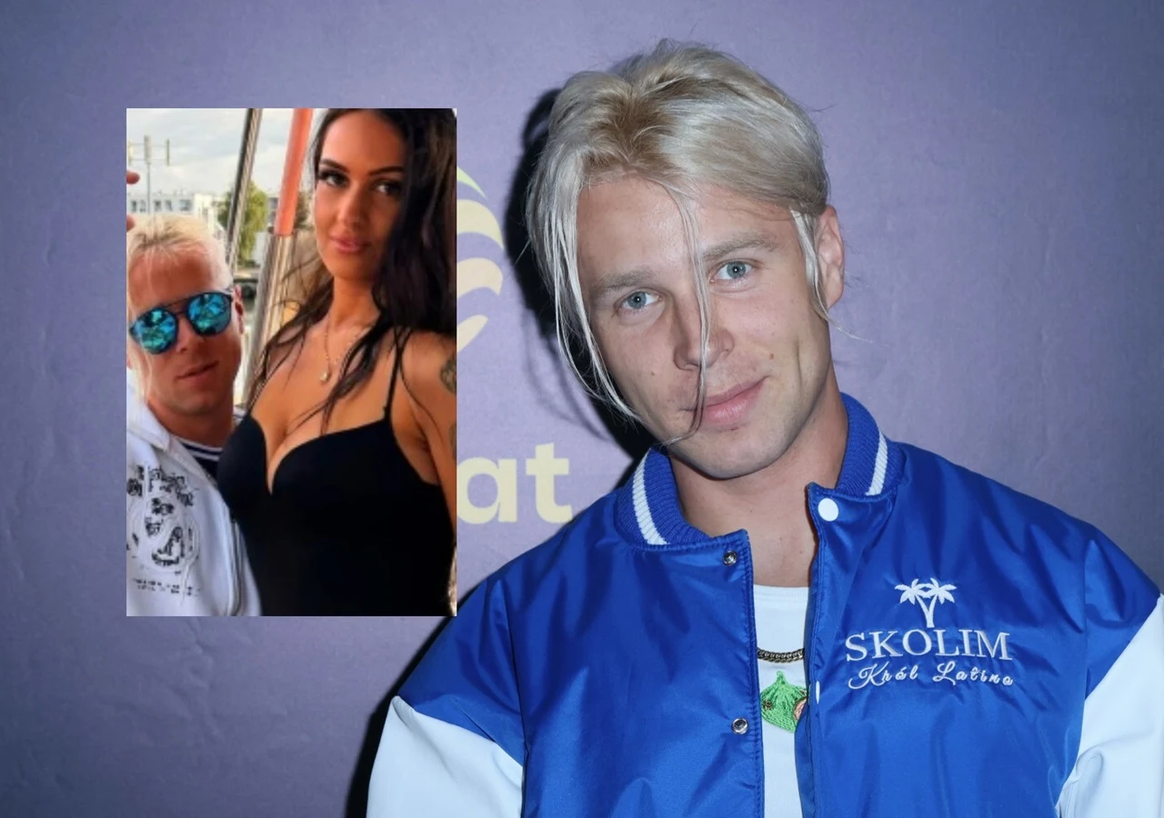 Klaudia Marchewka i Skolim Mężczyzna z blond włosami ubrany w niebieską kurtkę z białymi rękawami stoi na tle fioletowej ściany, obok znajduje się mniejsze zdjęcie pokazujące tę samą osobę w okularach przeciwsłonecznych obok brunetki w czarnej sukience.