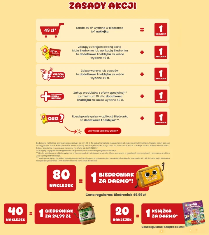 Infografika prezentująca zasady promocji sieci Biedronka, dotyczącej zdobywania naklejek za zakupy, karty lojalnościowe, aplikację i quizy, wraz z informacją o liczbie naklejek wymaganych do odbioru maskotki Biedroniak lub książki za darmo.