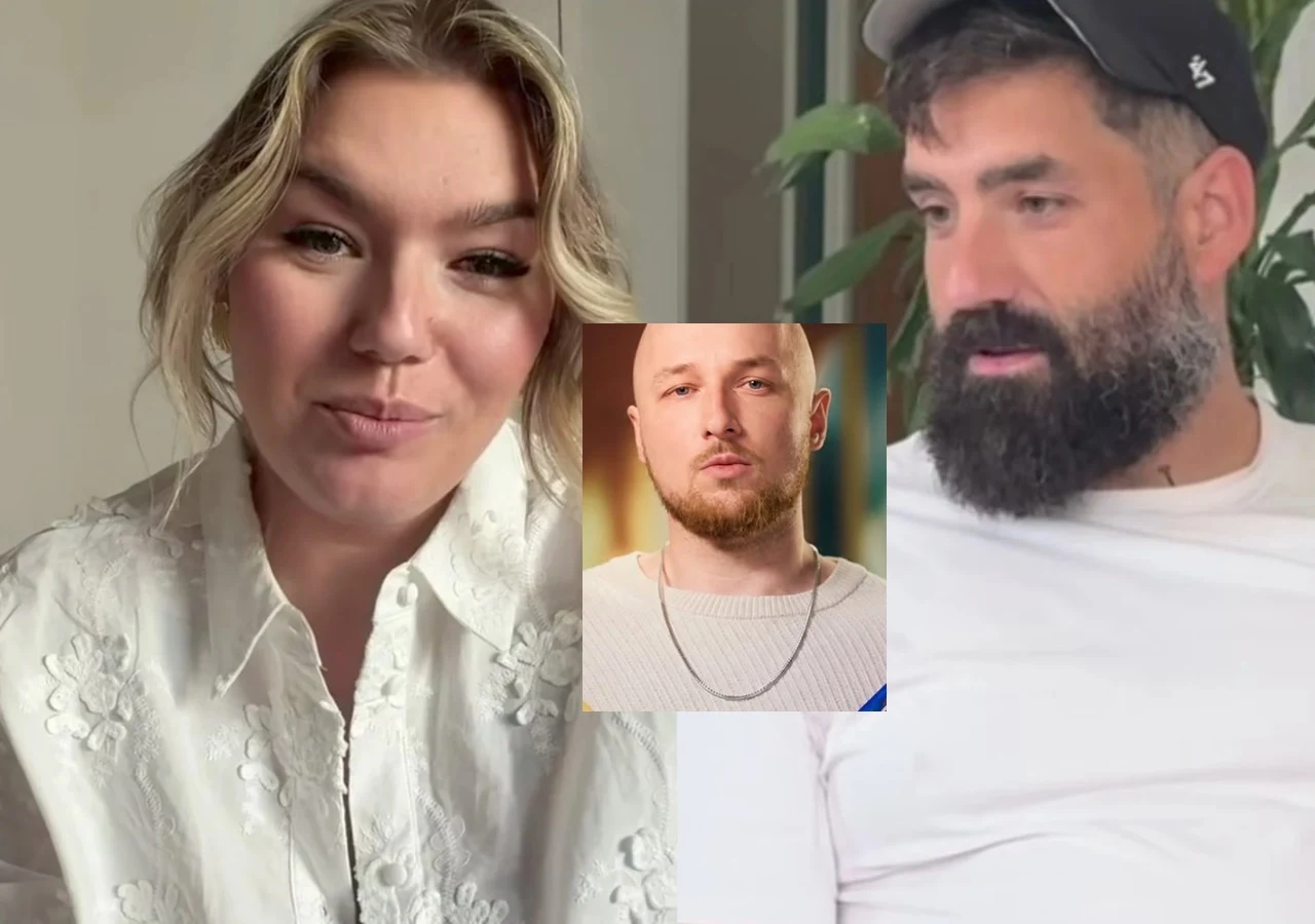 Marta wahała się w programie między Damianem a MP (w środku) Kobieta w białej koszuli z haftem siedzi obok mężczyzny z brodą i czapką, pośrodku nałożone zdjęcie młodego mężczyzny w jasnym swetrze z łańcuszkiem na szyi.