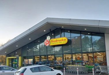 Kolorowe pluszowe maskotki w czerwonym koszyku na zakupy na kuchennym stole