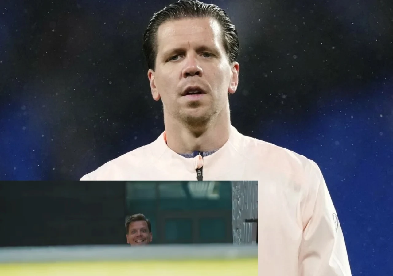 Wojciech Szczęsny i jego "a kuku" przed treningiem Barcelony Piłkarz w jasnej bluzie z poważnym wyrazem twarzy, w tle ciemnoniebieskie, rozmyte tło; w dolnym rogu drugi plan z uśmiechniętą twarzą tej samej osoby wychylającej się zza bandy.