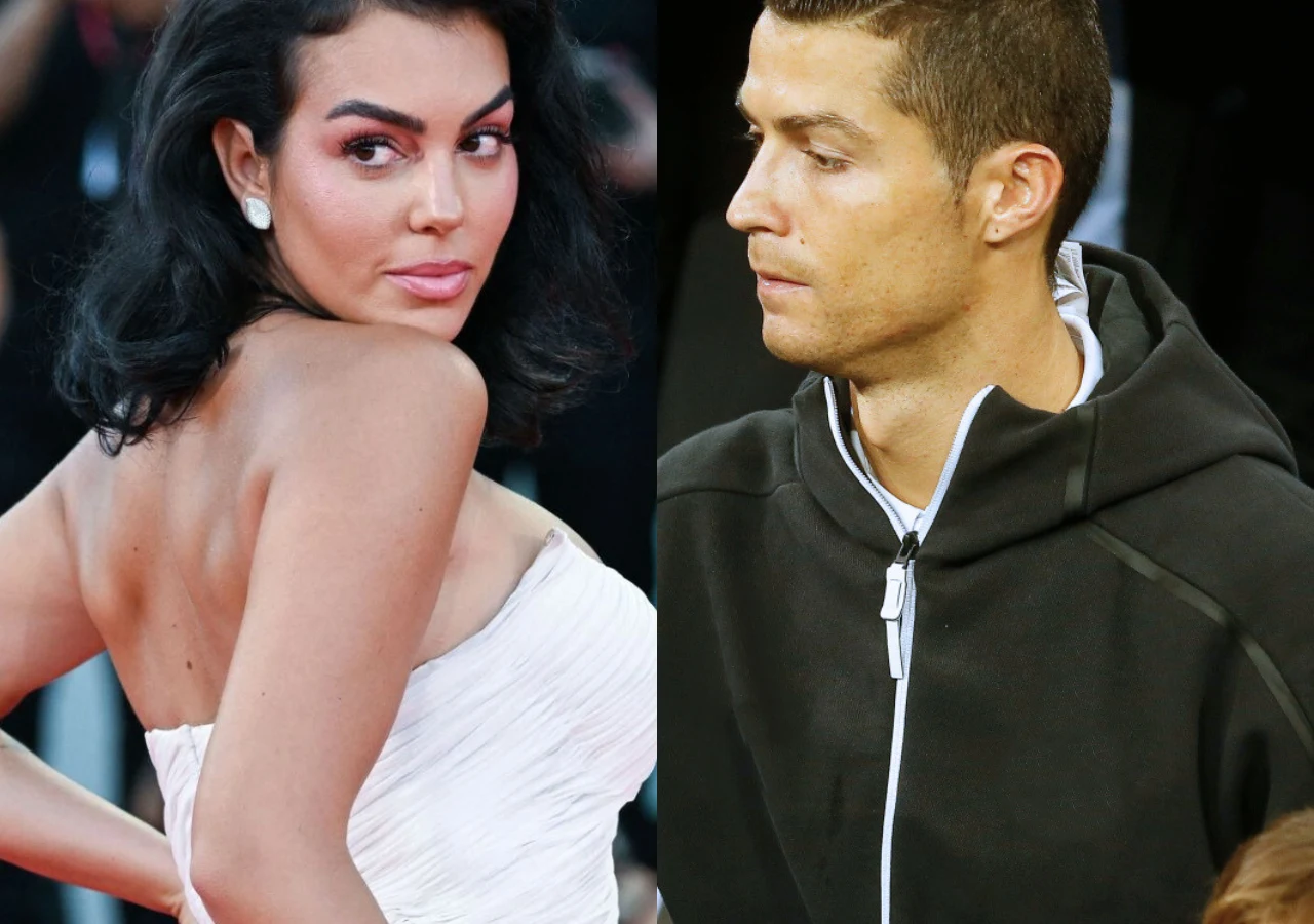 Georgina Rodriguez i Cristiano Ronaldo Georgina Rodriguez w białej sukni i Cristiano Ronaldo w czarnej bluzie, odwróceni w różne strony.