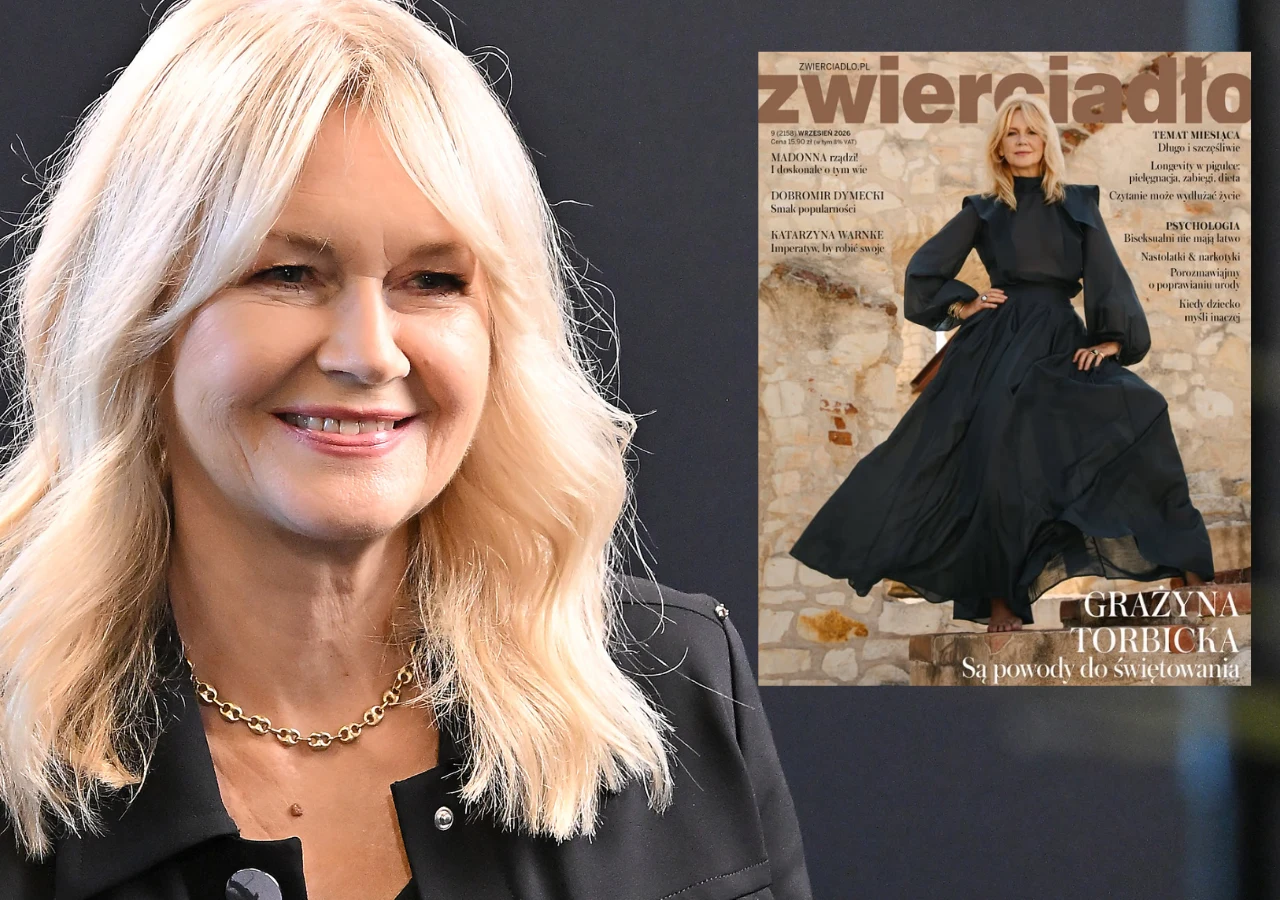 Grażyna Torbicka z jasnymi włosami i delikatnym uśmiechem w eleganckim stroju, obok okładka magazynu „Zwierciadło” z jej zdjęciem w długiej, czarnej sukni.