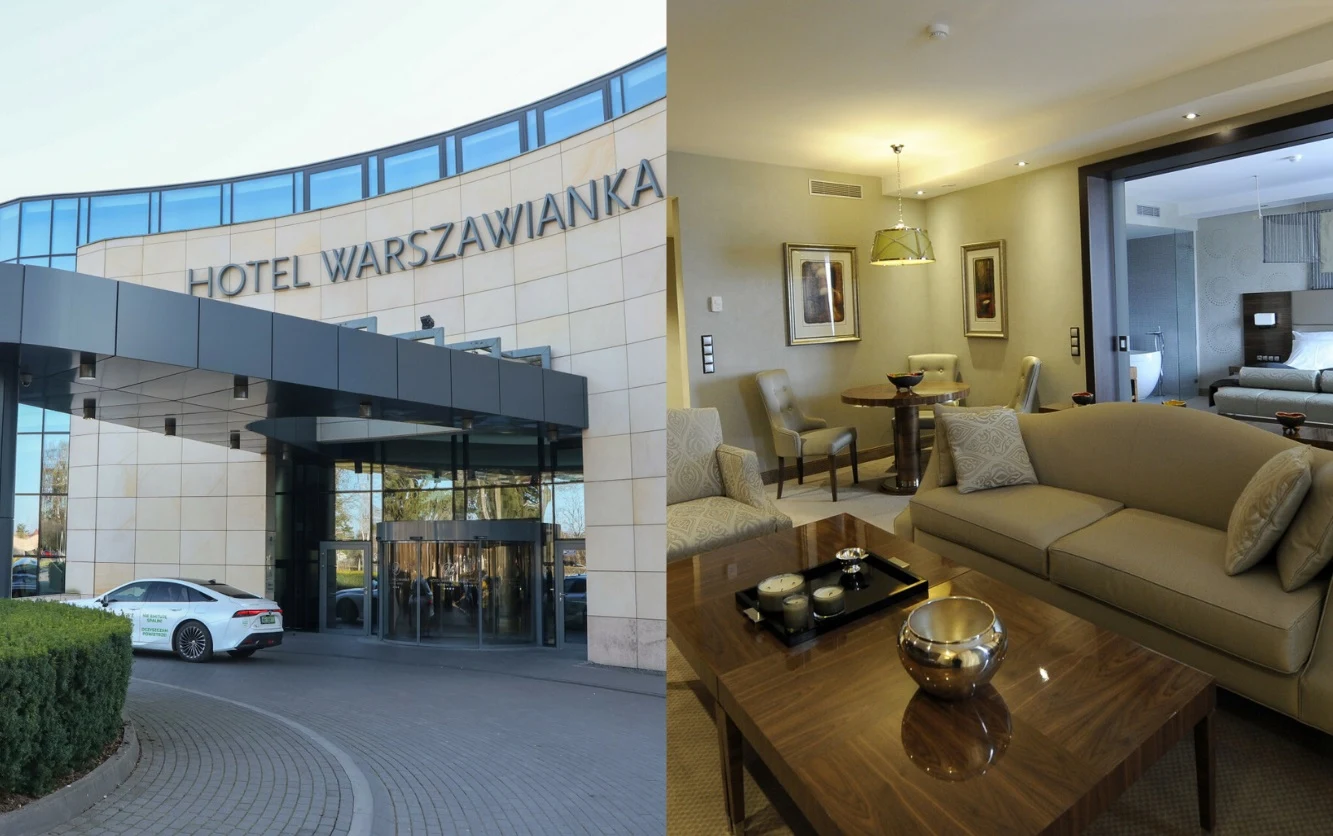 Wejście do hotelu Warszawianka z nowoczesną fasadą oraz elegancki pokój hotelowy z wygodną sofą, stolikiem kawowym i jasnym oświetleniem.