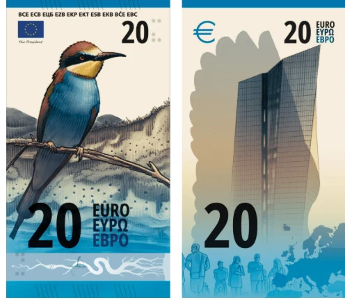 Żołna na proponowanym banknocie 20 euro Kolorowy ptak siedzący na gałęzi na tle przyrody z oznaczeniem nominału 20 euro oraz sylwetka nowoczesnego szklanego budynku obok niebieskich sylwetek ludzi i znaku euro.