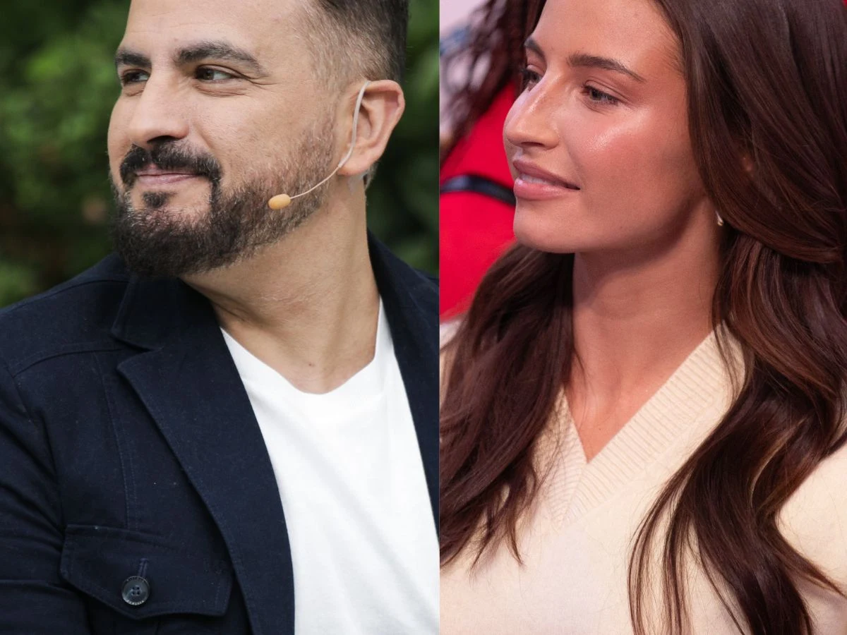 Agustin Egurrola, Julia Wieniawa Agustin Egurrola i Julia Wieniawa uśmiechnięci w casualowych strojach podczas nagrania programu Mam talent.