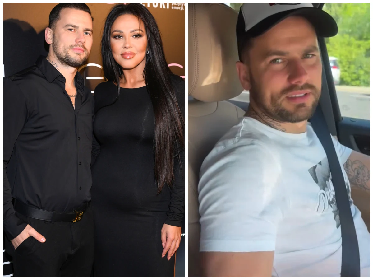 Sylwia Bomba i Grzegorz Collins, fot. https://www.instagram.com/sylwiabomba/?hl=pl Mężczyzna i kobieta w eleganckich, czarnych strojach pozują razem, kobieta z widoczną ciążą; po prawej stronie ten sam mężczyzna prowadzi samochód, ubrany w białą koszulkę i czapkę z daszkiem.