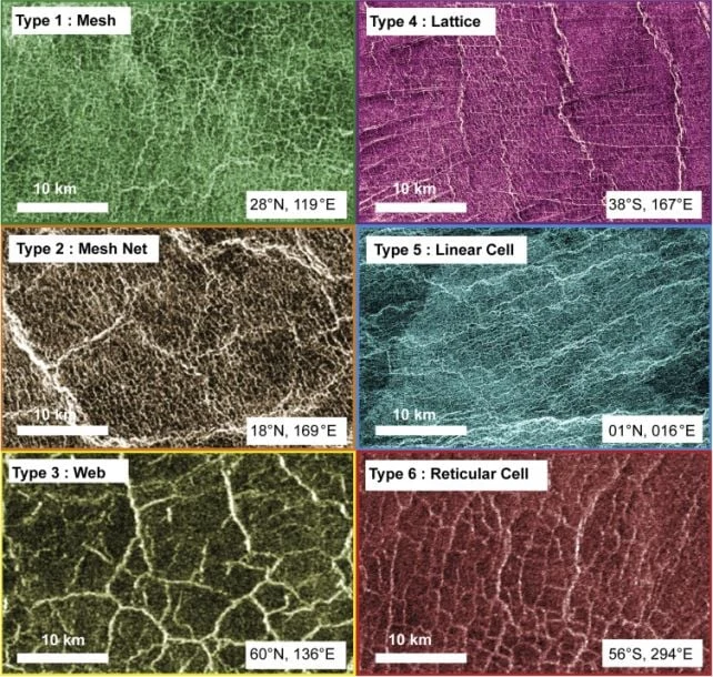 Sześć typów wzorów powierzchniowych ukazujących różne struktury sieciowe na tle geograficznym, każdy w innym kolorze i opisany wraz z koordynatami oraz skalą, obejmujących: kratkę, siatkę, sieć, układ liniowy oraz komórki siatkowe.