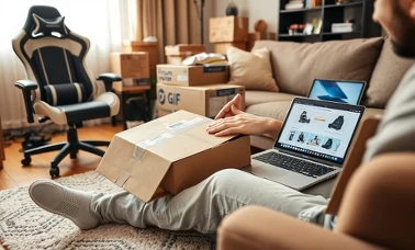 Rozpakowywanie paczki z zakupów online w salonie, obok fotel gamingowy i laptop ze sklepem internetowym